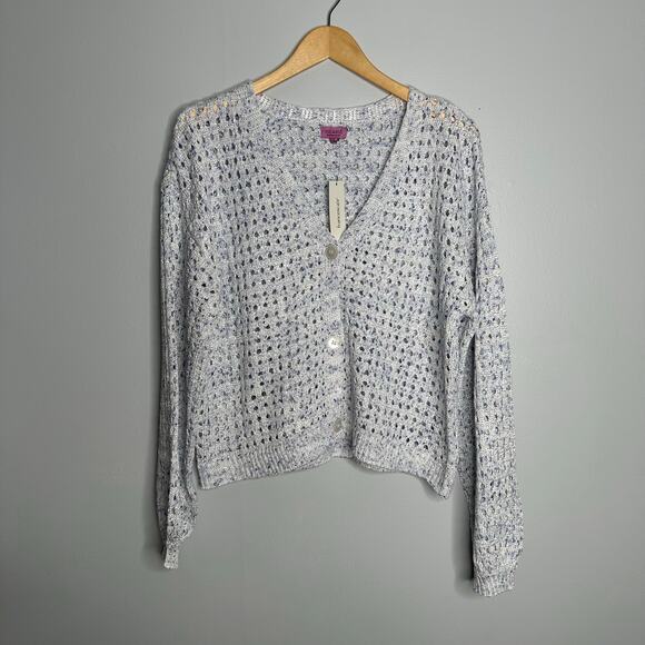 Mi Ami Women’s Patsy Speckled Front Button Down Pointelle Cardigan Size L NWT - Picture 2 of 8